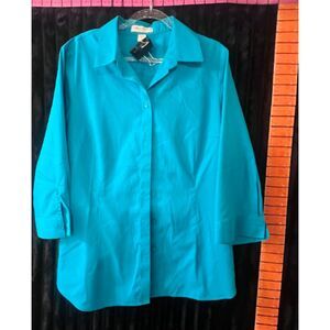 Coldwater Creek No Iron Teal Button-Up Blouse, Size L (14), 3/4 Sleeve